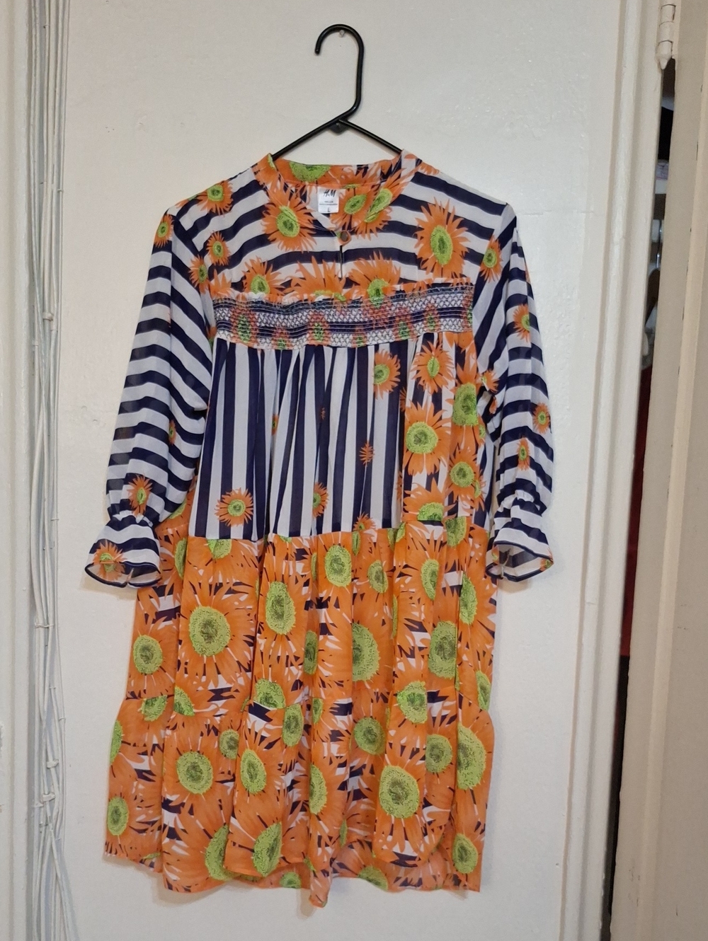 H&M Orange Sunflower Navy Stripe Smock Dress